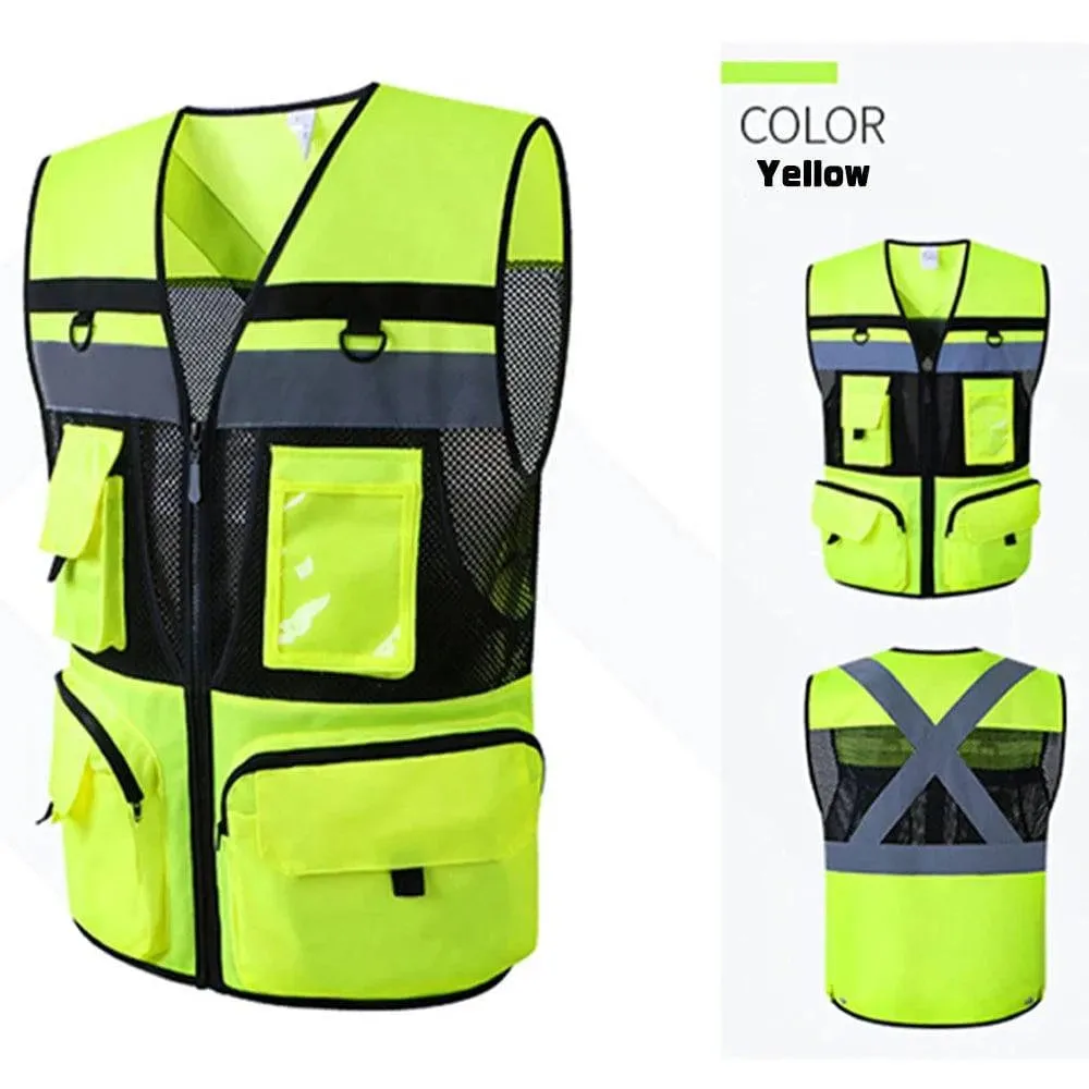 Safety Vest with Pockets High Visibility Reflective Strap Zip Front Breathable Construction Traffic Vest for Men Women