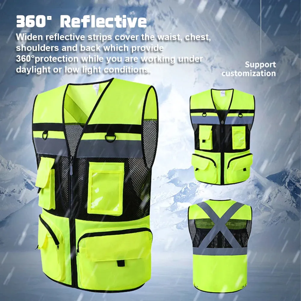 Safety Vest with Pockets High Visibility Reflective Strap Zip Front Breathable Construction Traffic Vest for Men Women