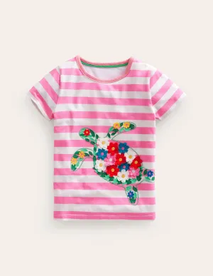 Short Sleeve Appliqué T-shirt-Cosmos Pink/Ivory Turtle
