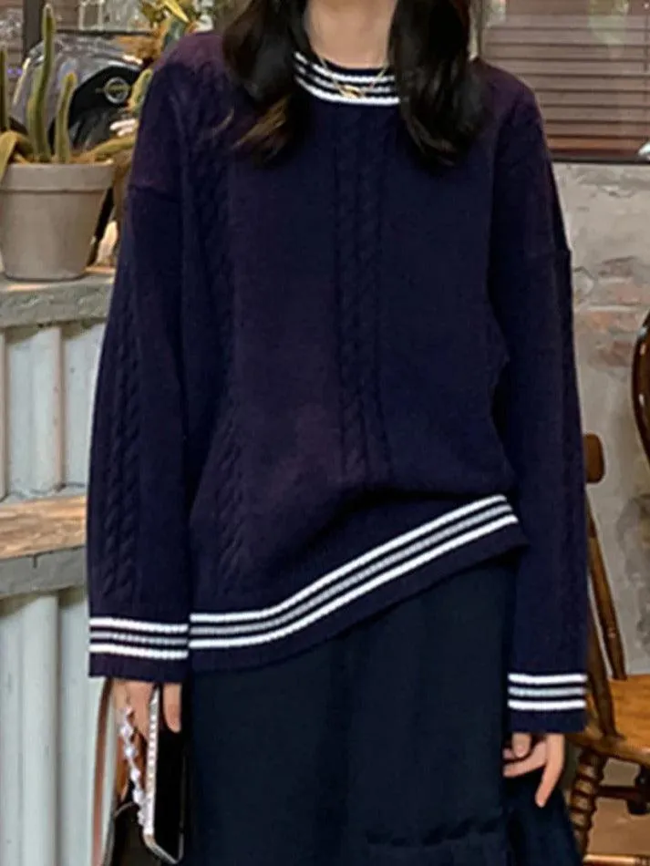 Striped Trim Cable Knit Pullover Sweater