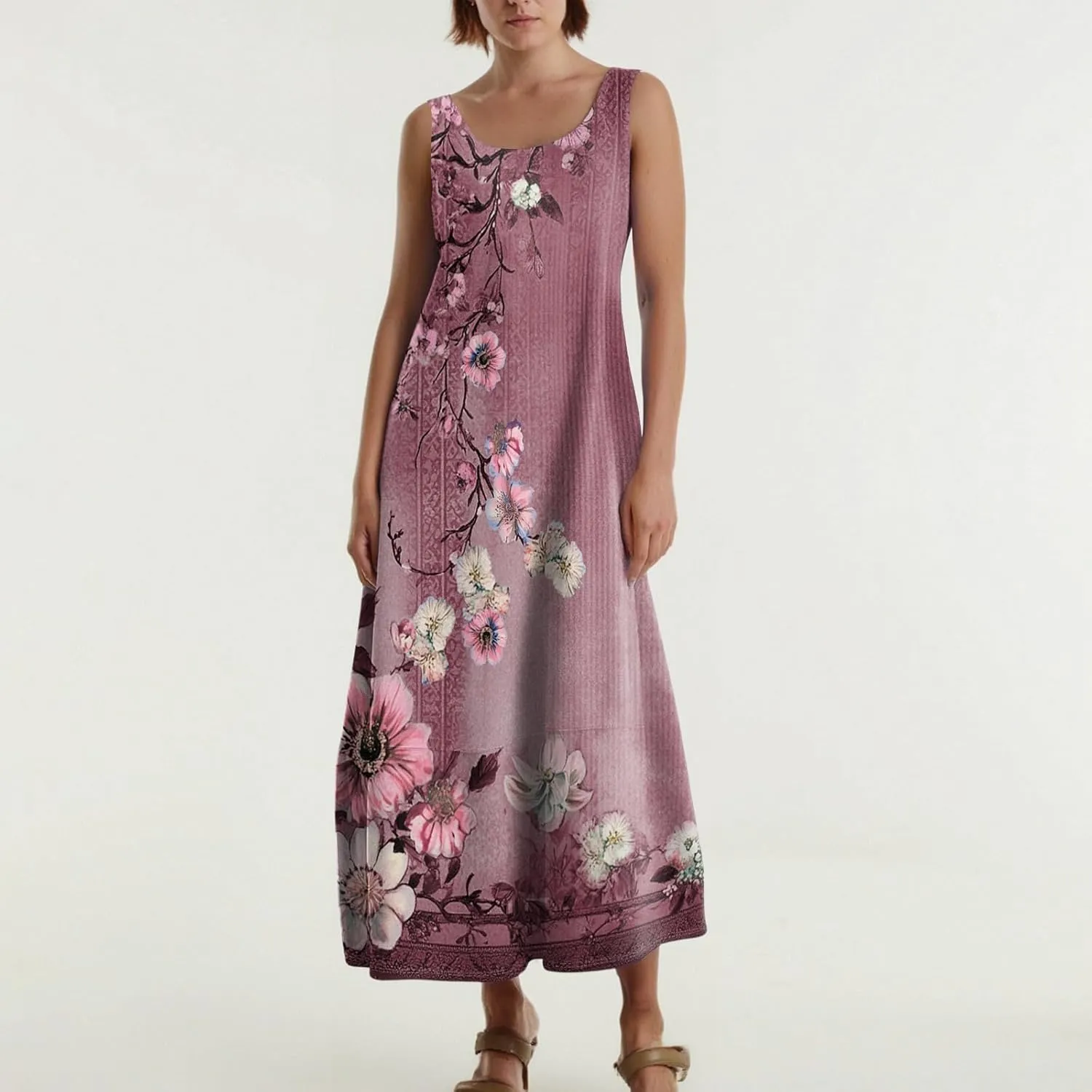 Summer Boho Dresses for Women 2025,Floral Spring Dresses for Women Scoop Neck Flowy Tank Sundress with Pocket S-XXL