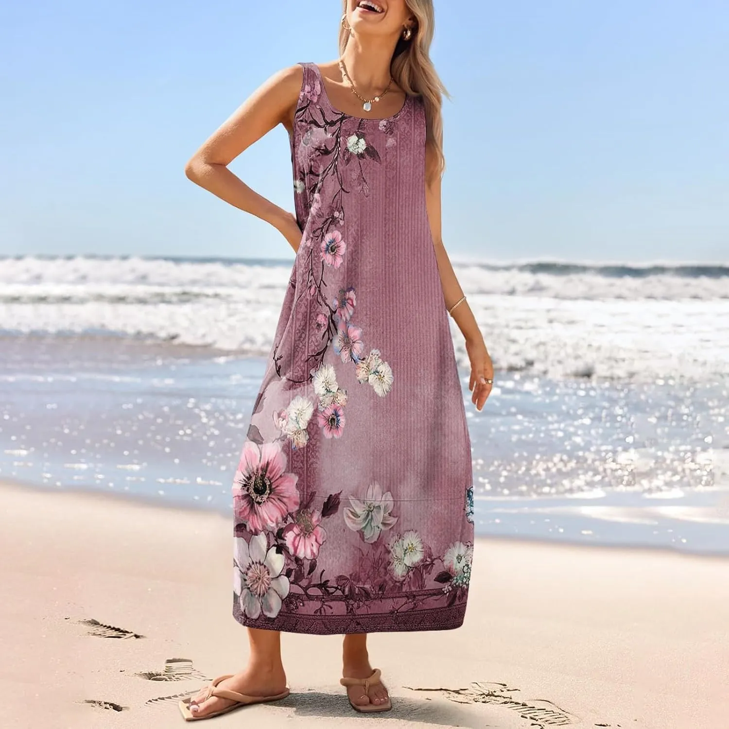 Summer Boho Dresses for Women 2025,Floral Spring Dresses for Women Scoop Neck Flowy Tank Sundress with Pocket S-XXL