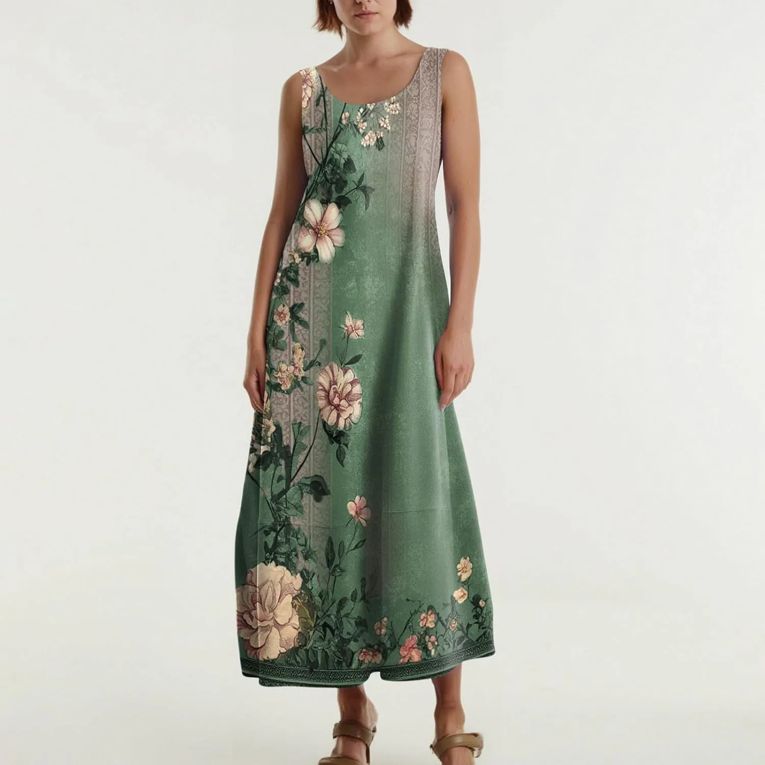 Summer Boho Dresses for Women 2025,Floral Spring Dresses for Women Scoop Neck Flowy Tank Sundress with Pocket S-XXL
