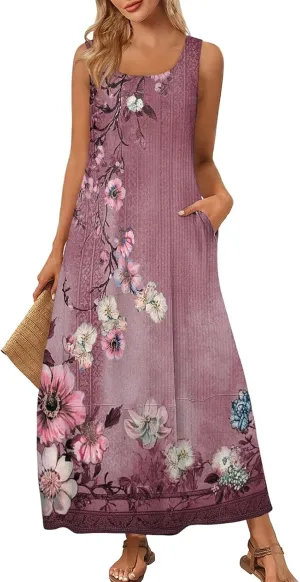 Summer Boho Dresses for Women 2025,Floral Spring Dresses for Women Scoop Neck Flowy Tank Sundress with Pocket S-XXL