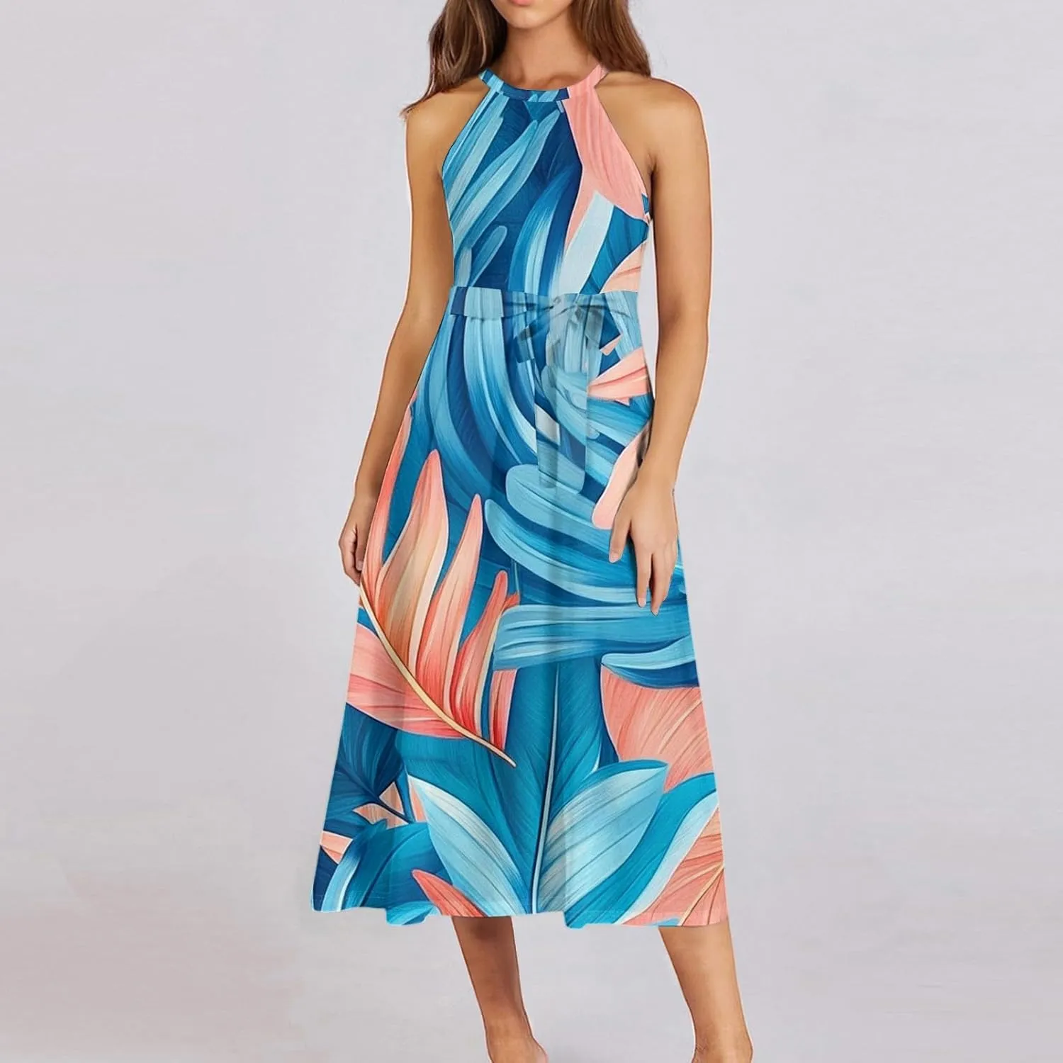 Summer Midi Halter Floral Dresses for Women 2025 Vacation Tie Empire Waist Flowy A Line Sundress Sleeveless Frocks