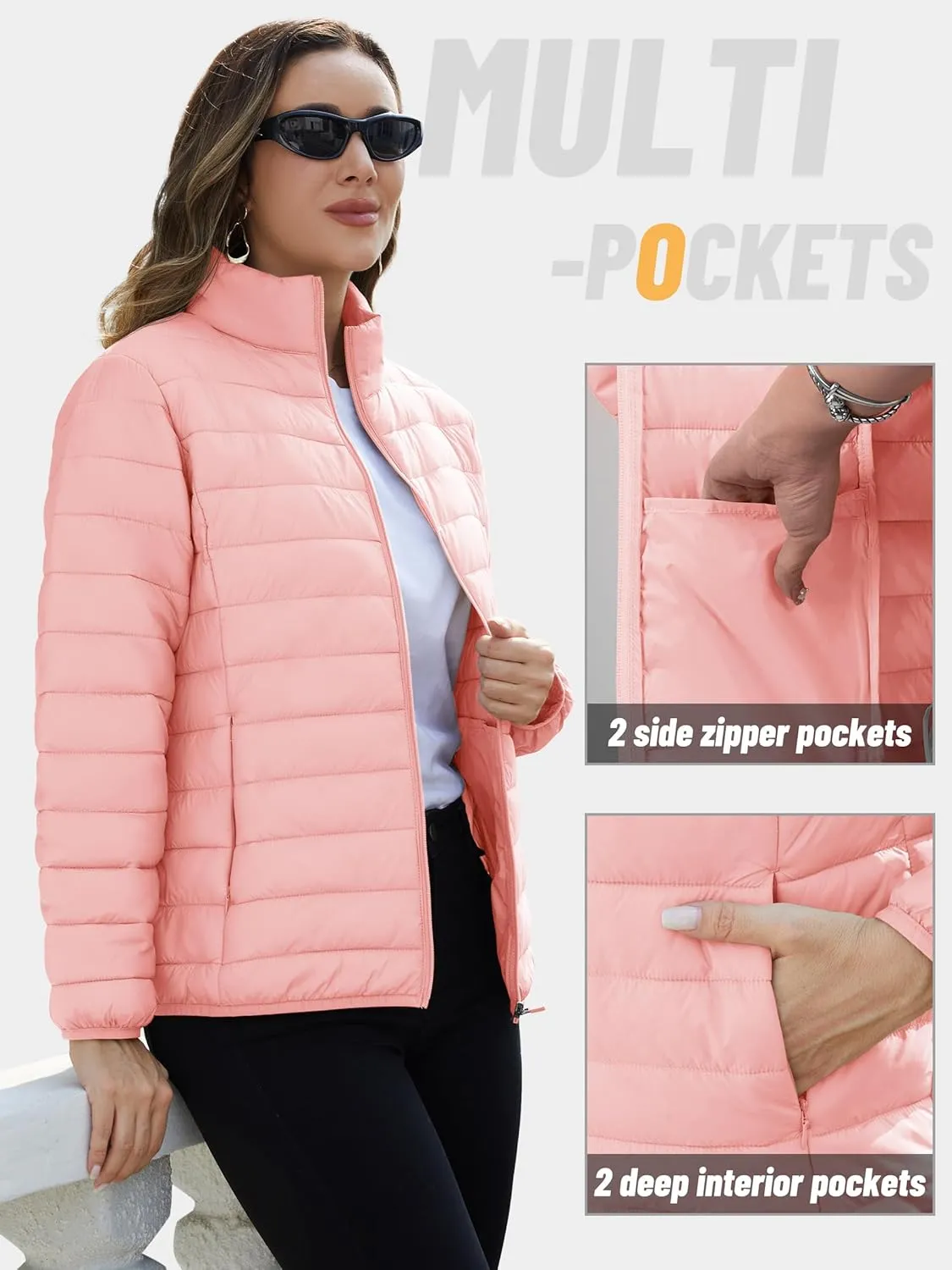 TACVASEN Womens Puffer Jacket Quilted Lightweight Stand Collar Zip Up Alternative Down Coat Warm Winter with 4 Pockets