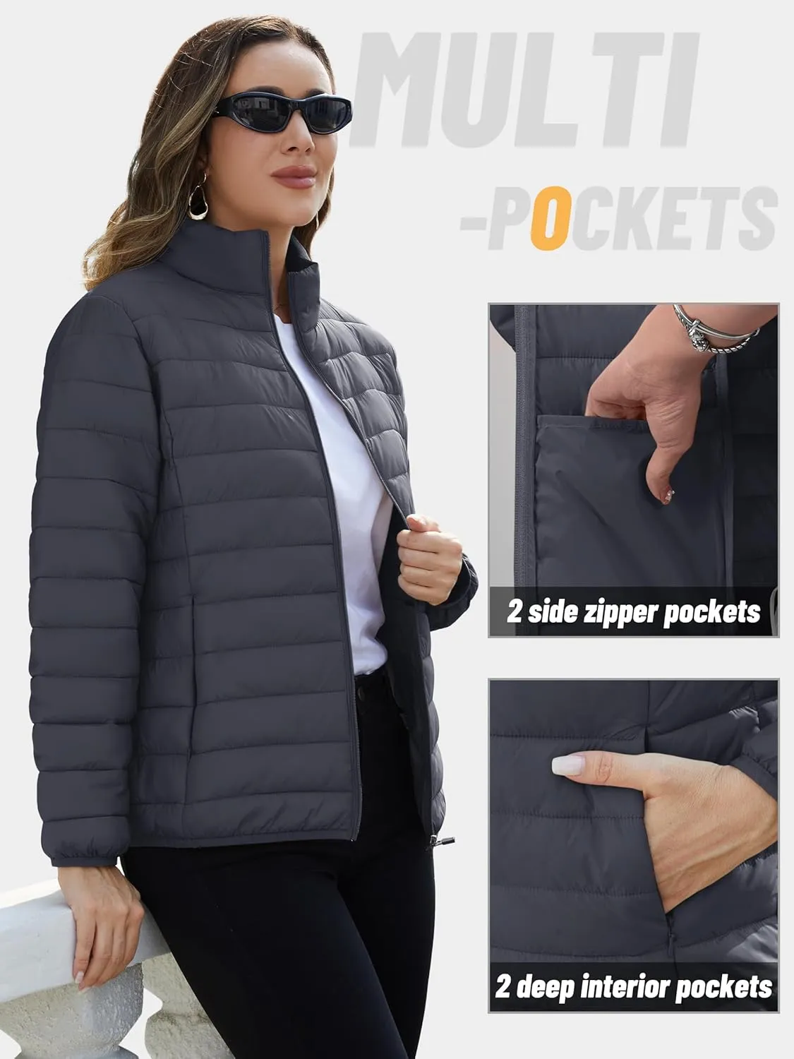 TACVASEN Womens Puffer Jacket Quilted Lightweight Stand Collar Zip Up Alternative Down Coat Warm Winter with 4 Pockets