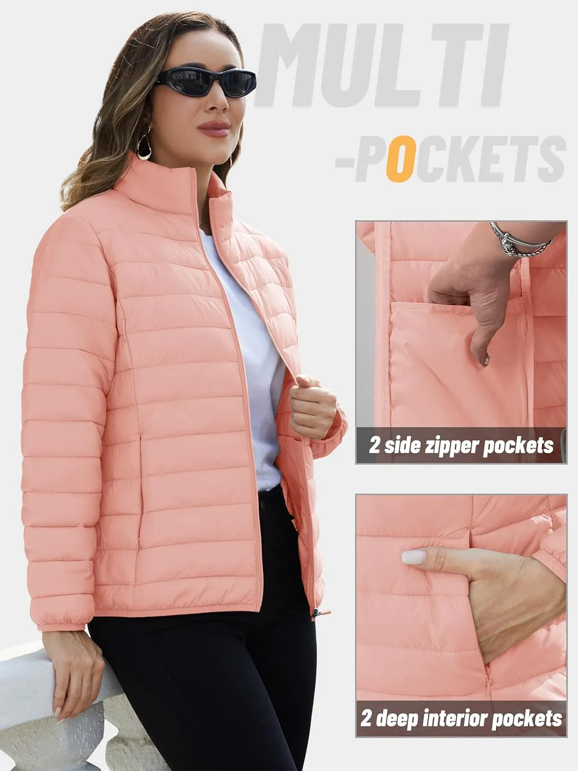 TACVASEN Womens Puffer Jacket Quilted Lightweight Stand Collar Zip Up Alternative Down Coat Warm Winter with 4 Pockets