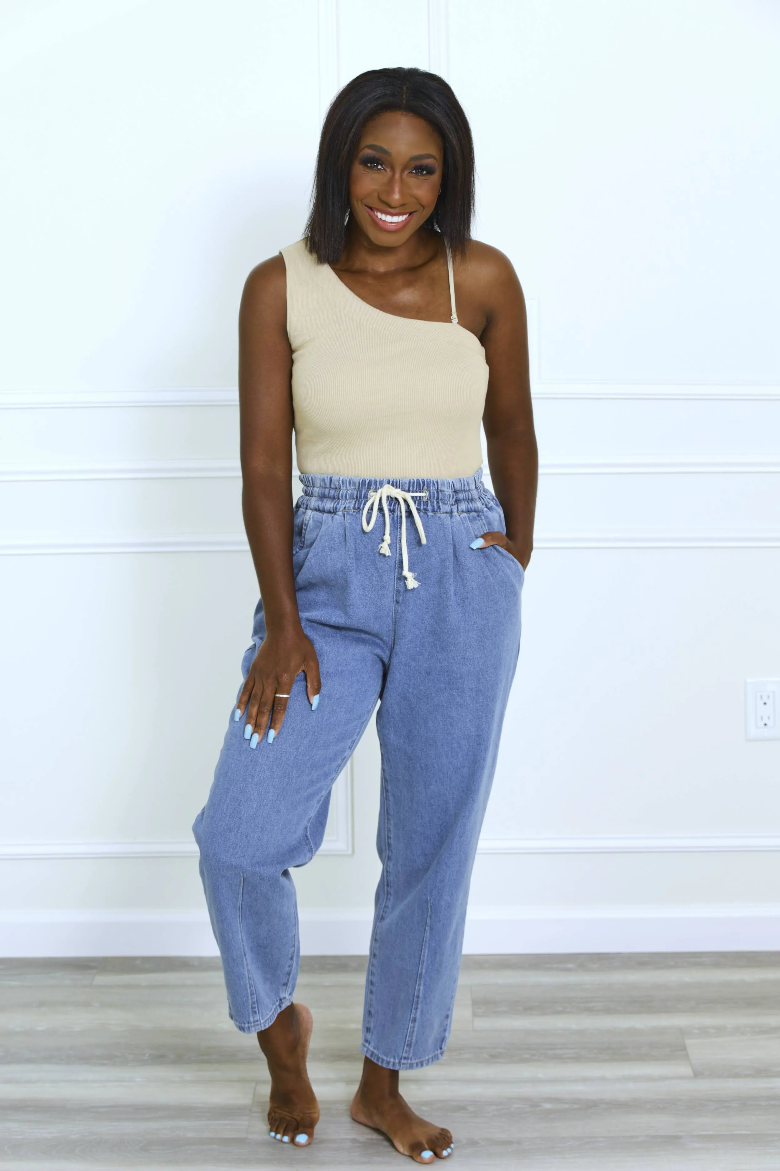 Taking My Time Drawstring Denim Pants - Medium Wash