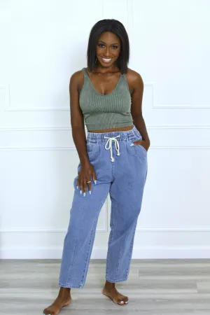 Taking My Time Drawstring Denim Pants - Medium Wash
