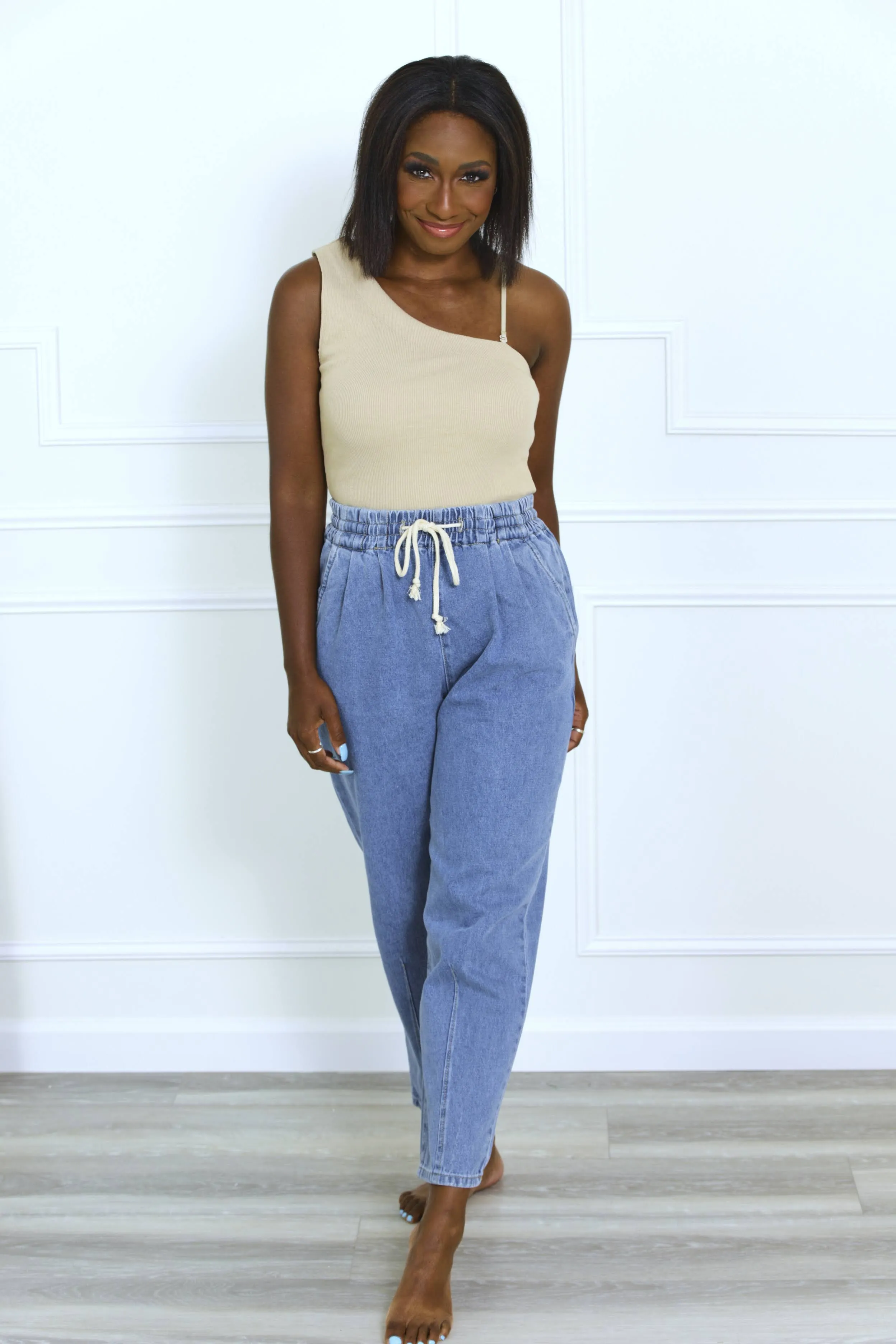 Taking My Time Drawstring Denim Pants - Medium Wash