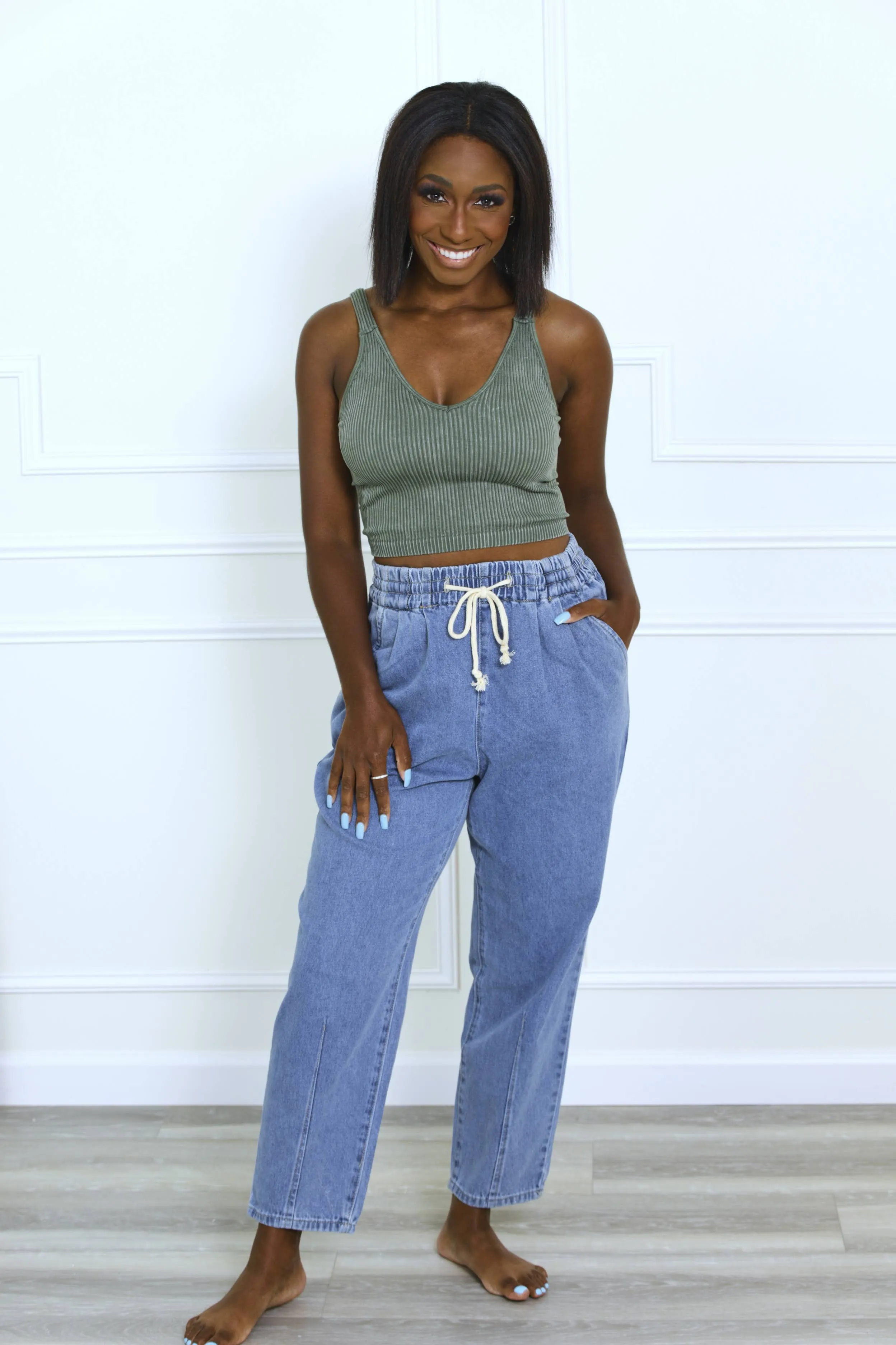 Taking My Time Drawstring Denim Pants - Medium Wash