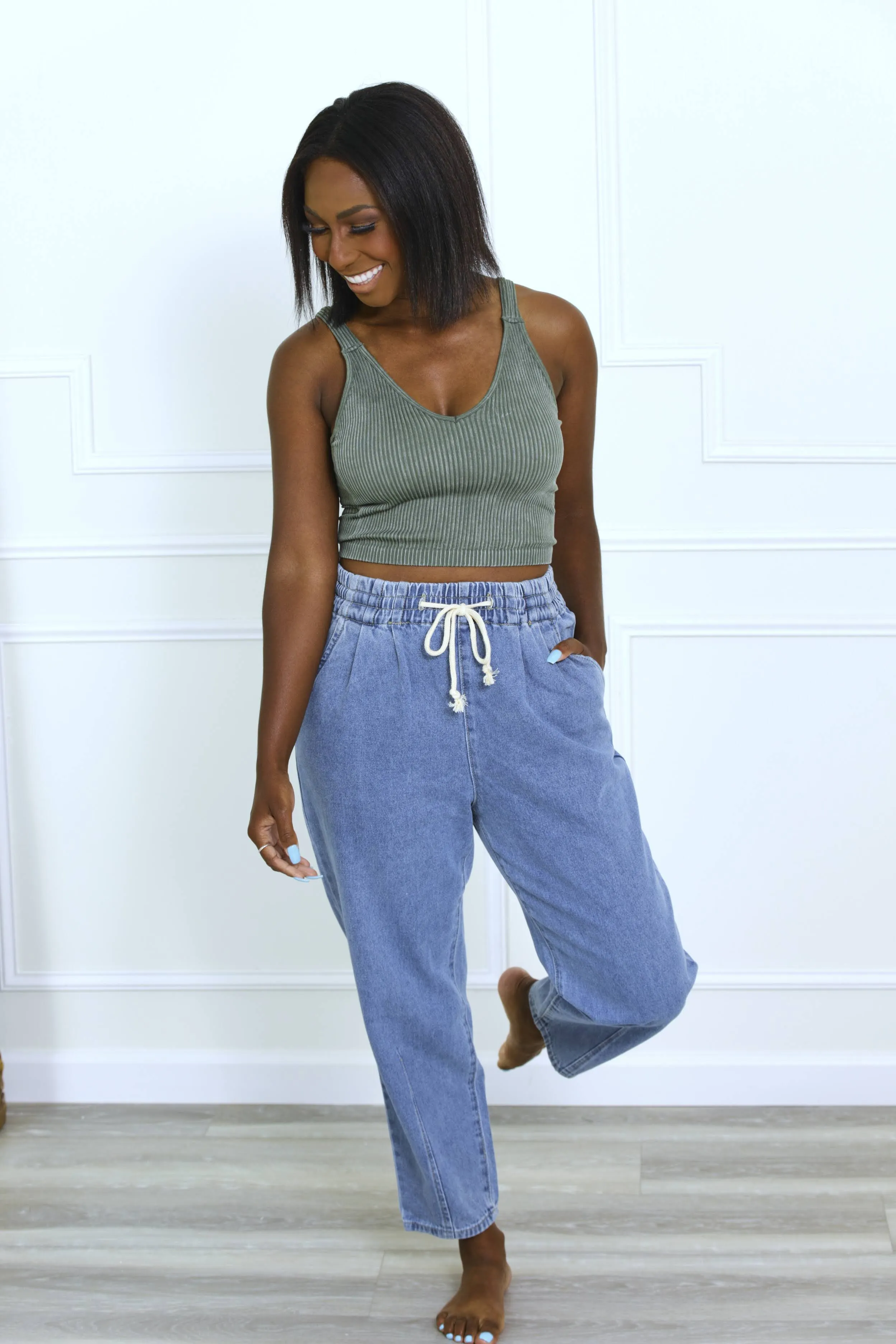 Taking My Time Drawstring Denim Pants - Medium Wash