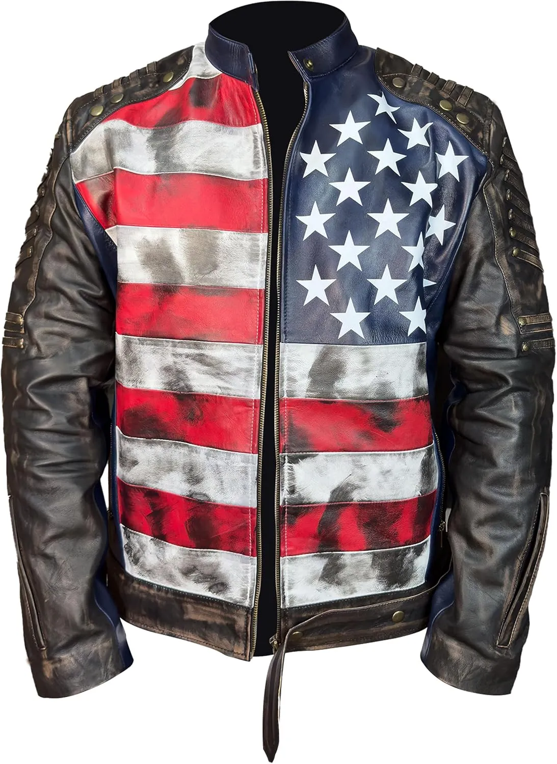 The Next Mens Distressed Inspired by American Flag USA Casual Motorcycle Zipper Coat With USA Flag Genuine Leather Jackets