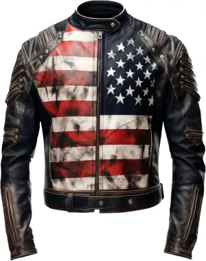 The Next Mens Distressed Inspired by American Flag USA Casual Motorcycle Zipper Coat With USA Flag Genuine Leather Jackets