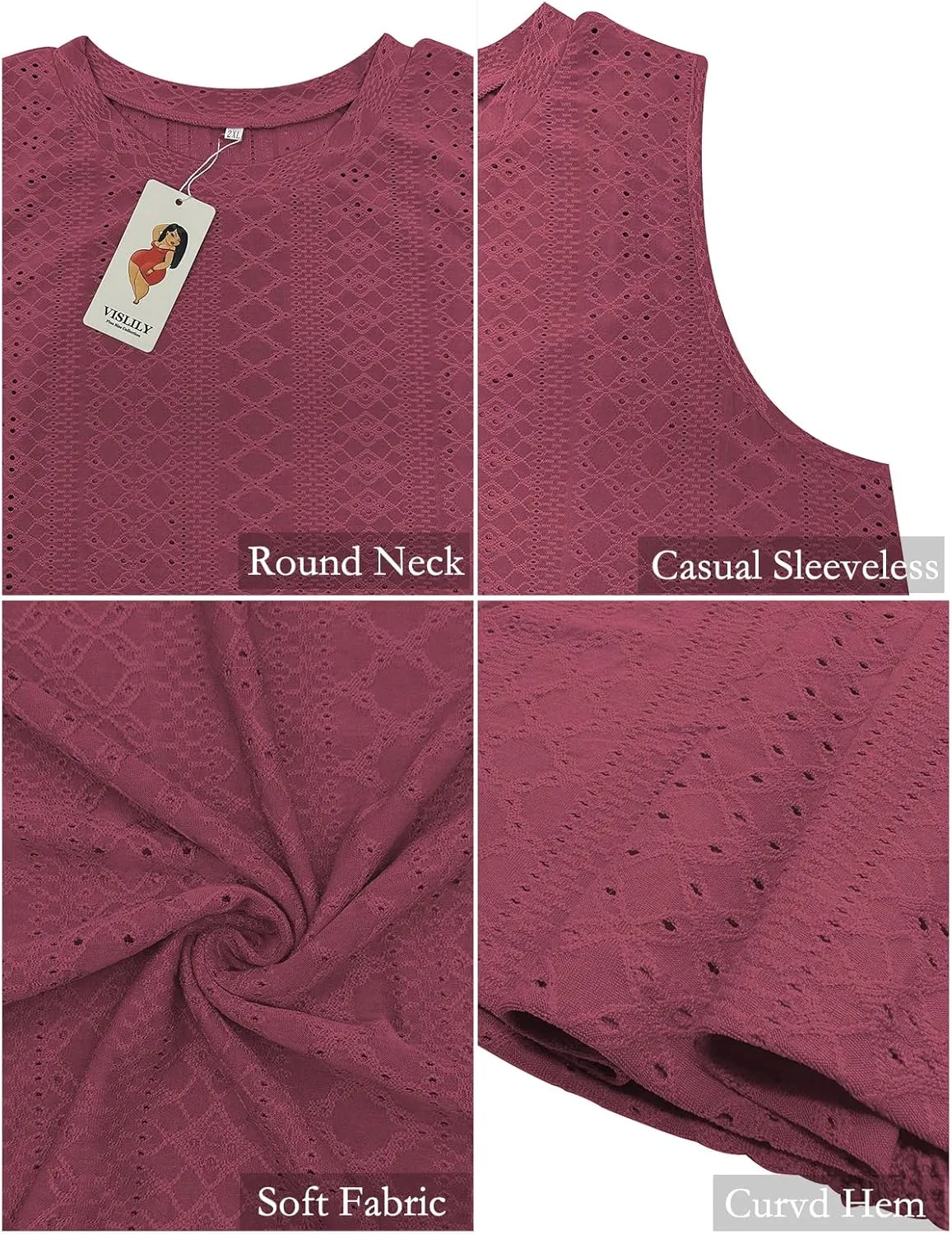 VISLILY Womens-Plus-Size-Tank-Tops Summer Sleeveless Eyelet Shirts Round Neck Tunics Flowy Classic Tees