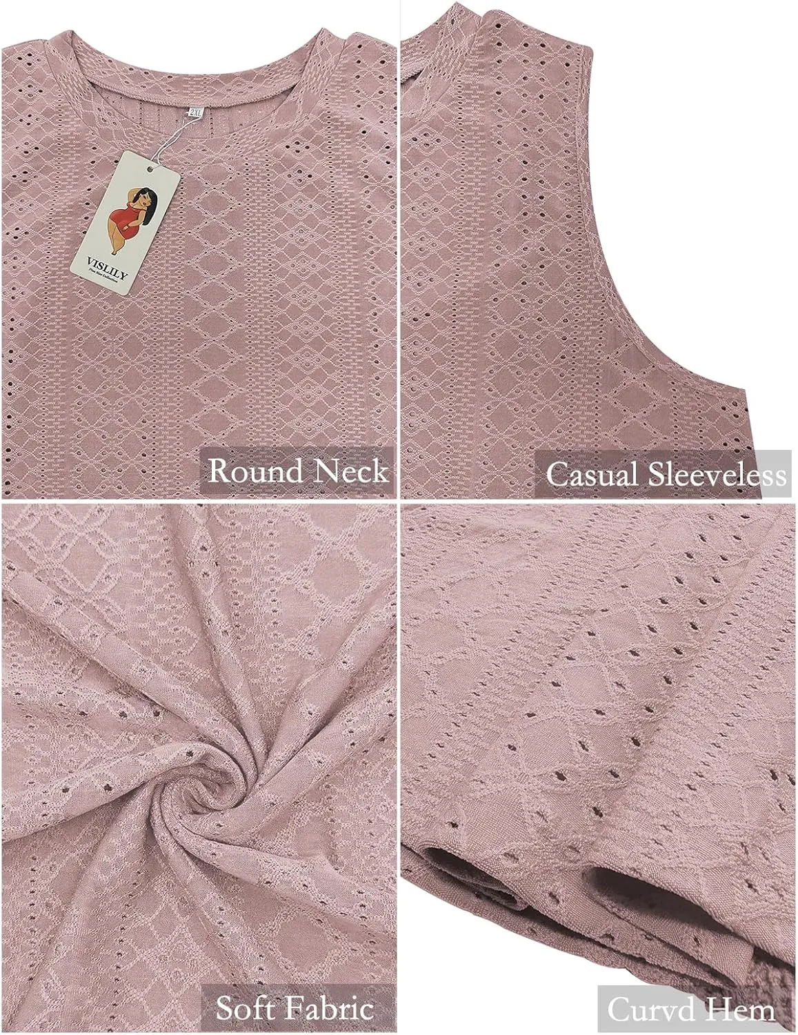 VISLILY Womens-Plus-Size-Tank-Tops Summer Sleeveless Eyelet Shirts Round Neck Tunics Flowy Classic Tees