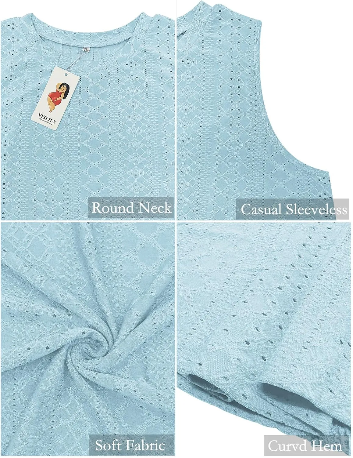 VISLILY Womens-Plus-Size-Tank-Tops Summer Sleeveless Eyelet Shirts Round Neck Tunics Flowy Classic Tees