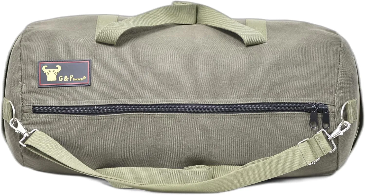 Waxed Canvas All Purpose Military Style Duffle Bag, Water-Resistant, Adjustable Strap, Fully Lined, Double Zipper Closure, heavy Duty, Olive Green