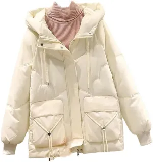 Winter Down Cotton-Padded Jacket Pocket Coat Women's Padded Collar Long Hooded Casual Solid Color Coat
