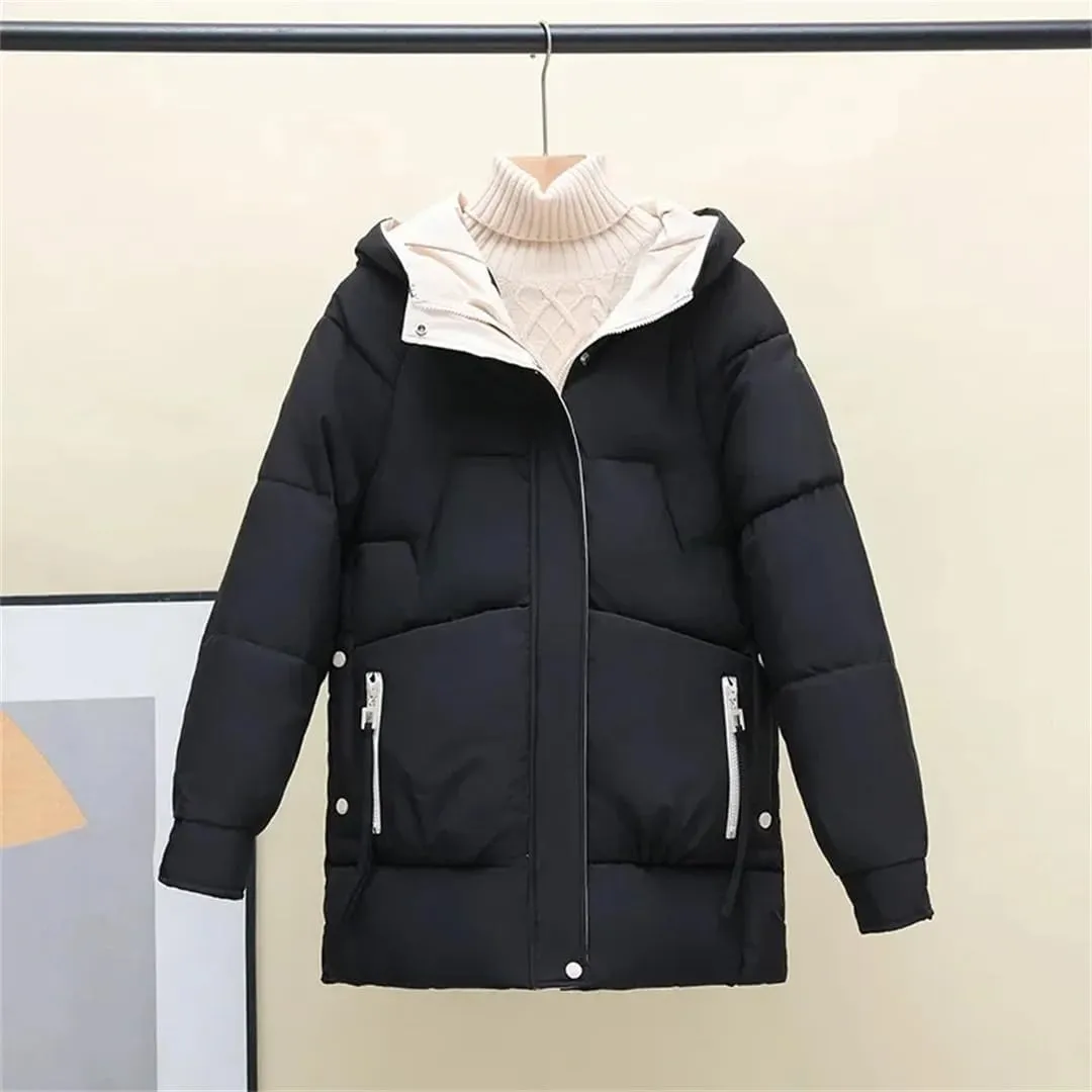 Winter Women Coat Loose Korean Version Long Thick Down Cotton-Padded Jacket Contrast Hooded Cotton Jackets