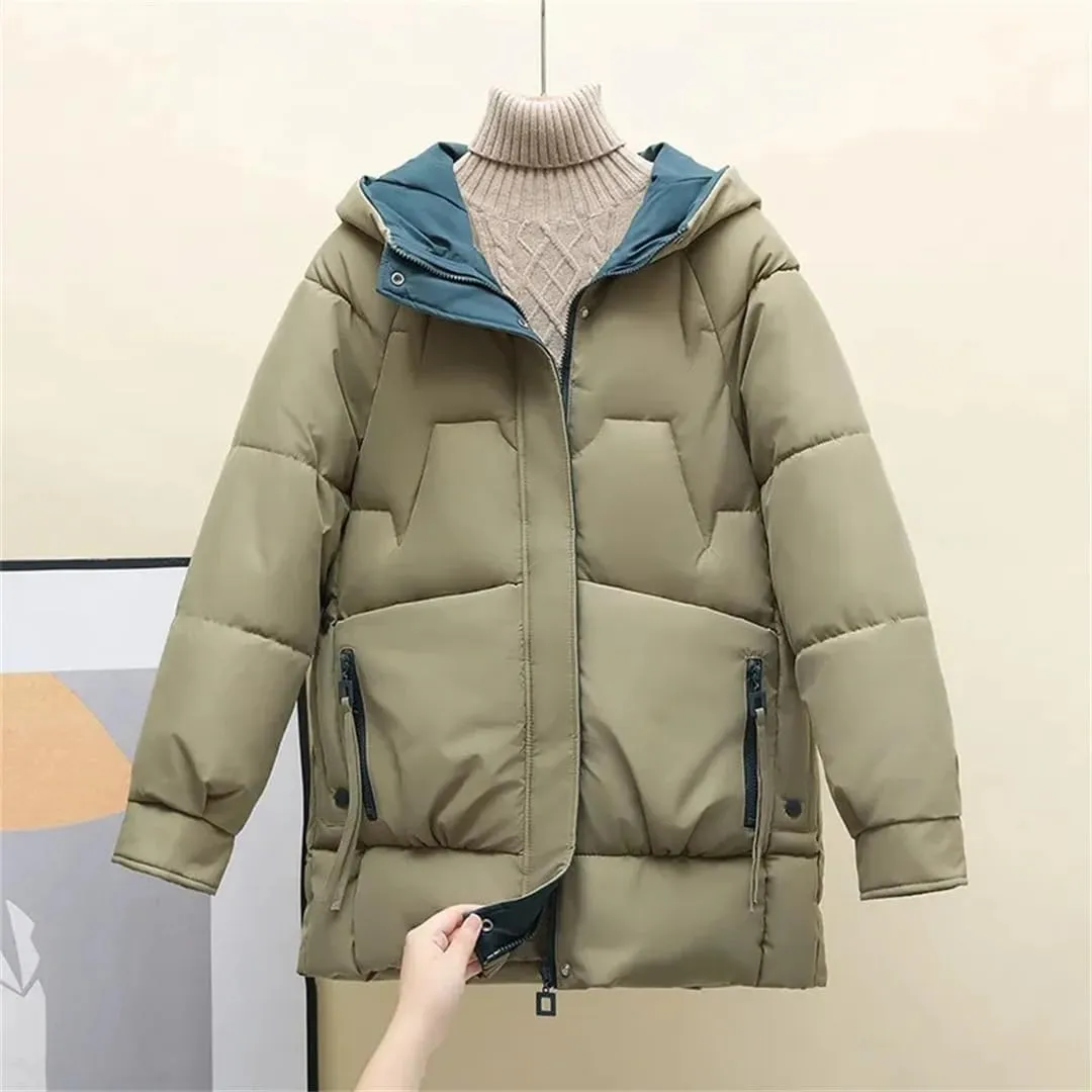 Winter Women Coat Loose Korean Version Long Thick Down Cotton-Padded Jacket Contrast Hooded Cotton Jackets