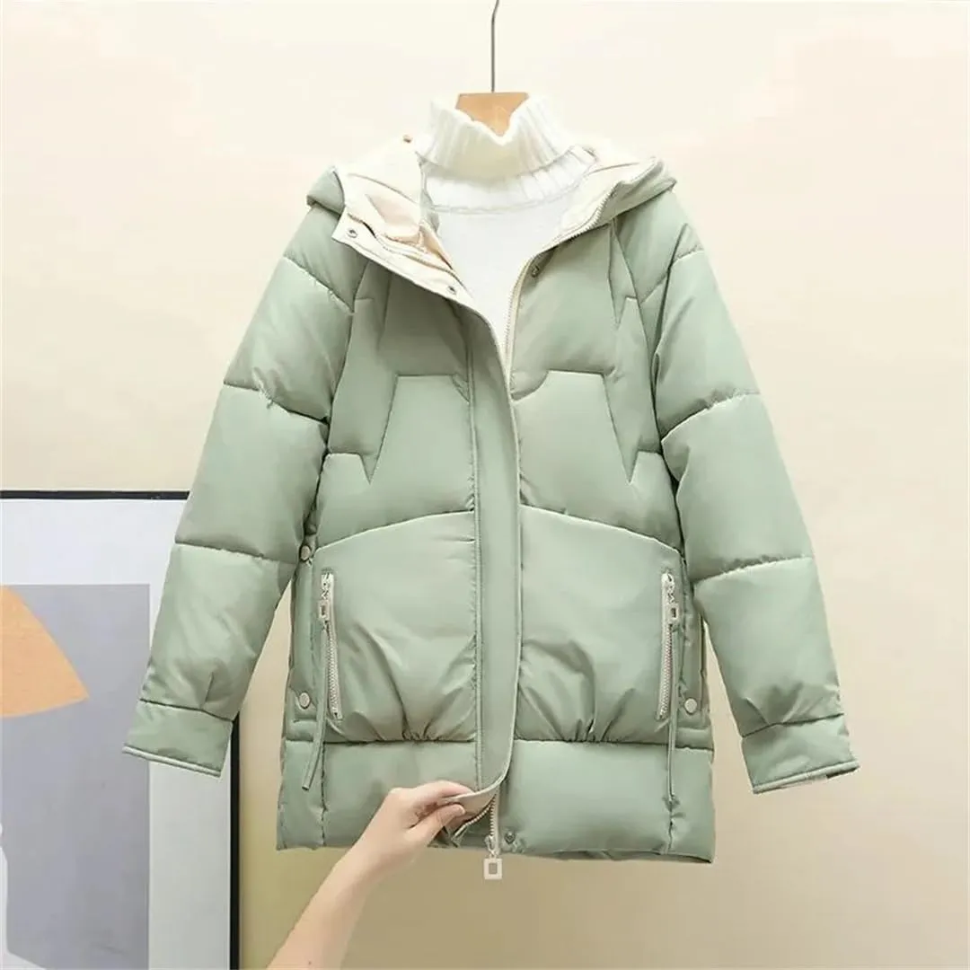 Winter Women Coat Loose Korean Version Long Thick Down Cotton-Padded Jacket Contrast Hooded Cotton Jackets