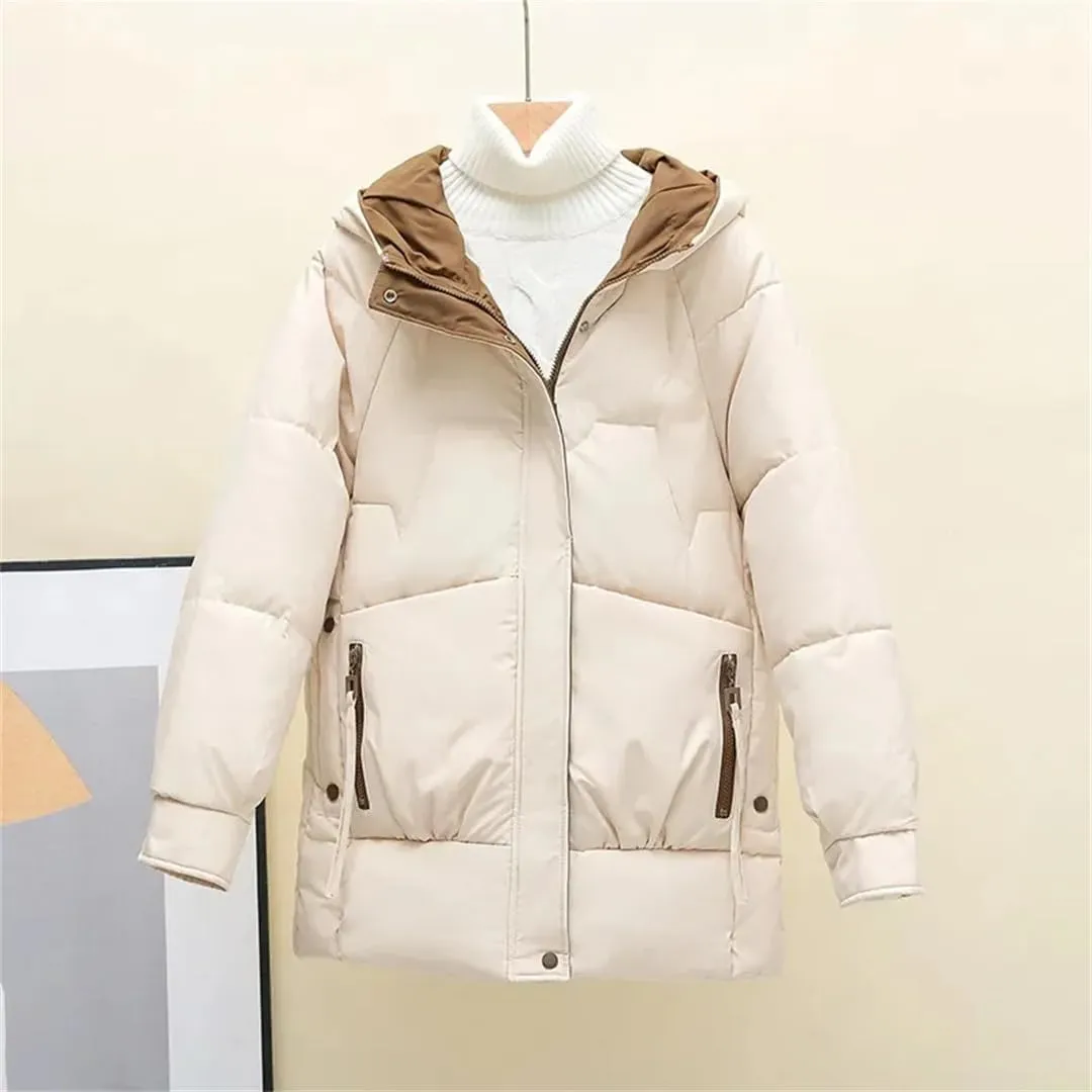 Winter Women Coat Loose Korean Version Long Thick Down Cotton-Padded Jacket Contrast Hooded Cotton Jackets