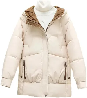 Winter Women Coat Loose Korean Version Long Thick Down Cotton-Padded Jacket Contrast Hooded Cotton Jackets