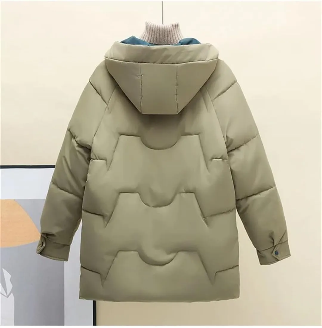 Winter Women Coat Loose Korean Version Long Thick Down Cotton-Padded Jacket Contrast Hooded Cotton Jackets