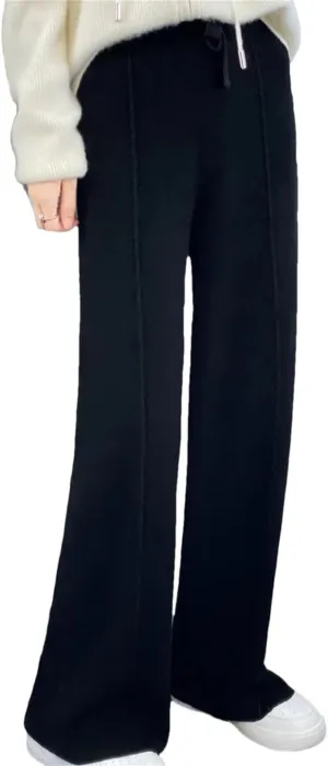 Women Merino Wool Knitted Wide Leg Pants Winter Basic Soft Warm Trousers