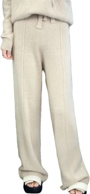 Women Merino Wool Knitted Wide Leg Pants Winter Basic Soft Warm Trousers