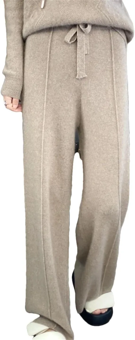 Women Merino Wool Knitted Wide Leg Pants Winter Basic Soft Warm Trousers