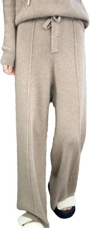 Women Merino Wool Knitted Wide Leg Pants Winter Basic Soft Warm Trousers