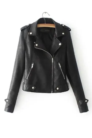 Women Solid Colored Thick Long Sleeve Collar Neck PU Leather Jacket  WJC23095