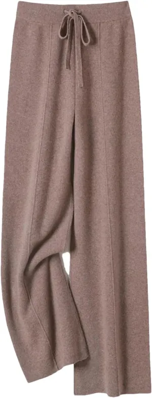 Womens 100 Percent Merino Wool Wide-Leg Pants Autumn Winter Soft Warm Knit Trousers