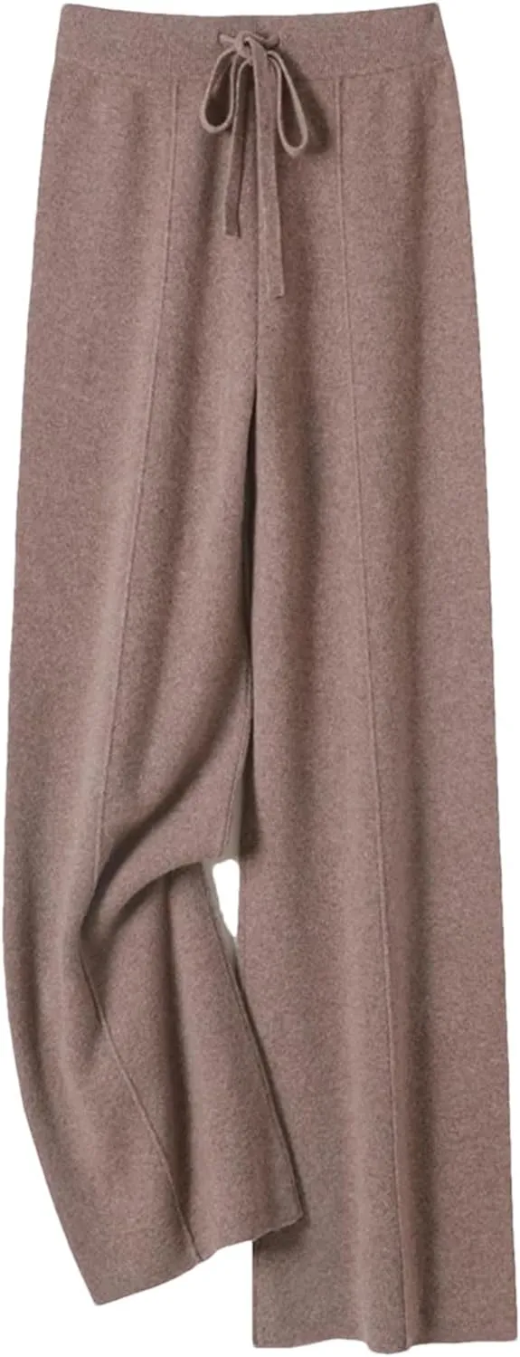 Womens 100 Percent Merino Wool Wide-Leg Pants Autumn Winter Soft Warm Knit Trousers