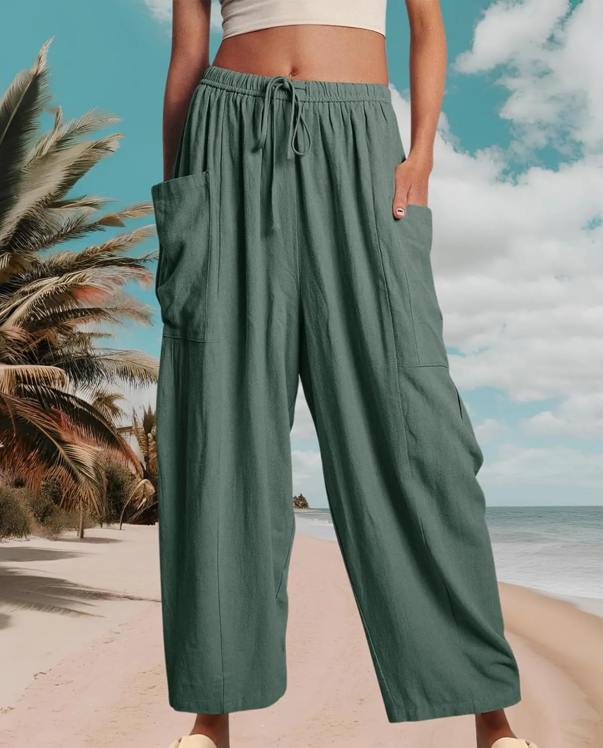 Women's Breezy Linen Palazzo Pants-Elastic Drawstring High Waist Wide Leg Beach Trousers with Pockets