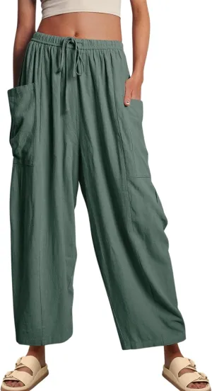 Women's Breezy Linen Palazzo Pants-Elastic Drawstring High Waist Wide Leg Beach Trousers with Pockets