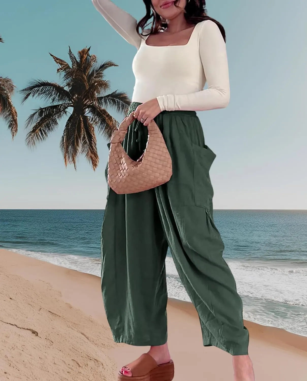 Women's Breezy Linen Palazzo Pants-Elastic Drawstring High Waist Wide Leg Beach Trousers with Pockets