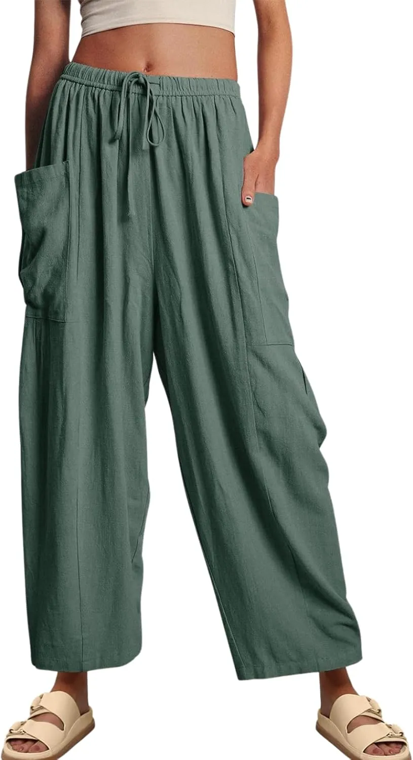 Women's Breezy Linen Palazzo Pants-Elastic Drawstring High Waist Wide Leg Beach Trousers with Pockets