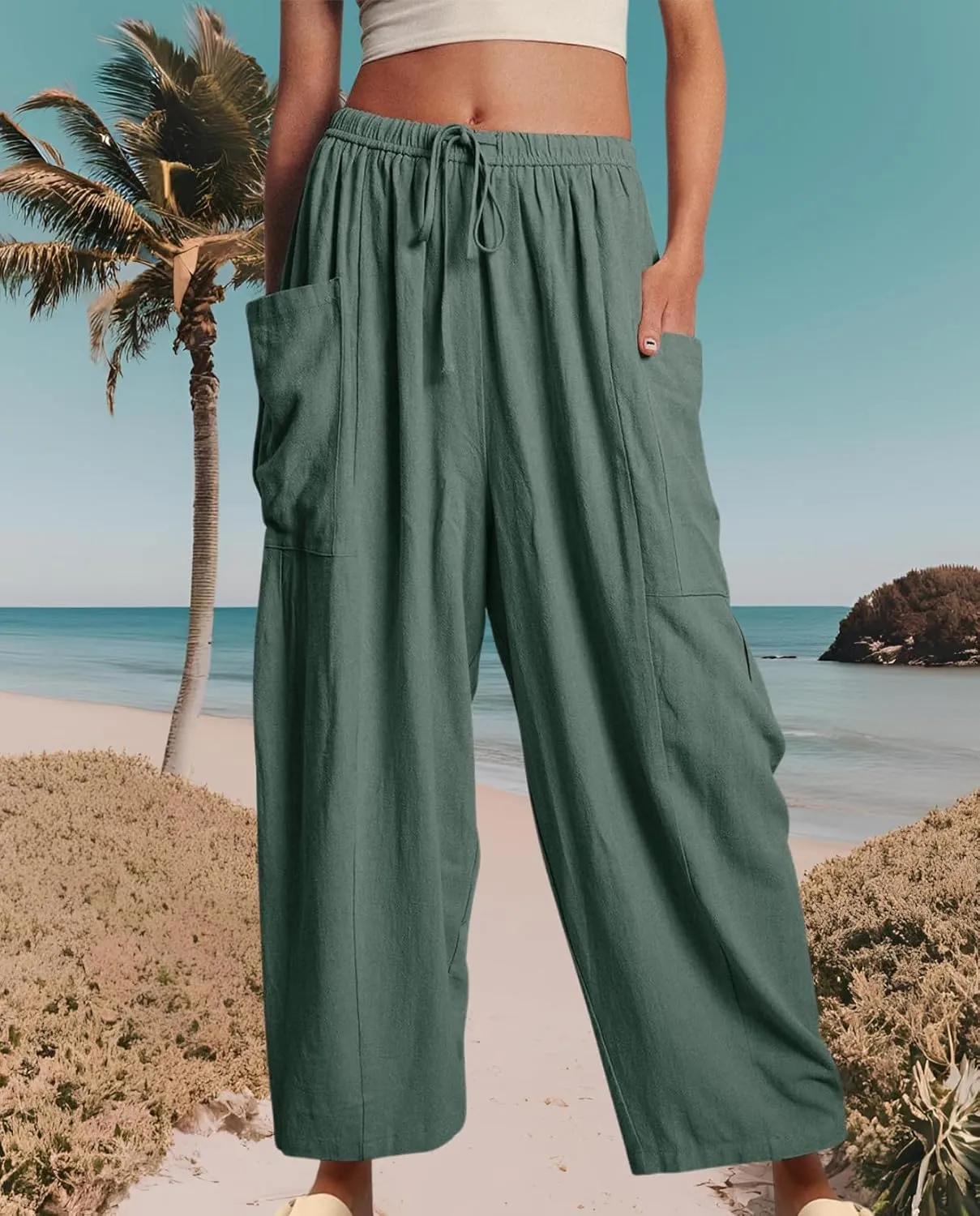 Women's Breezy Linen Palazzo Pants-Elastic Drawstring High Waist Wide Leg Beach Trousers with Pockets