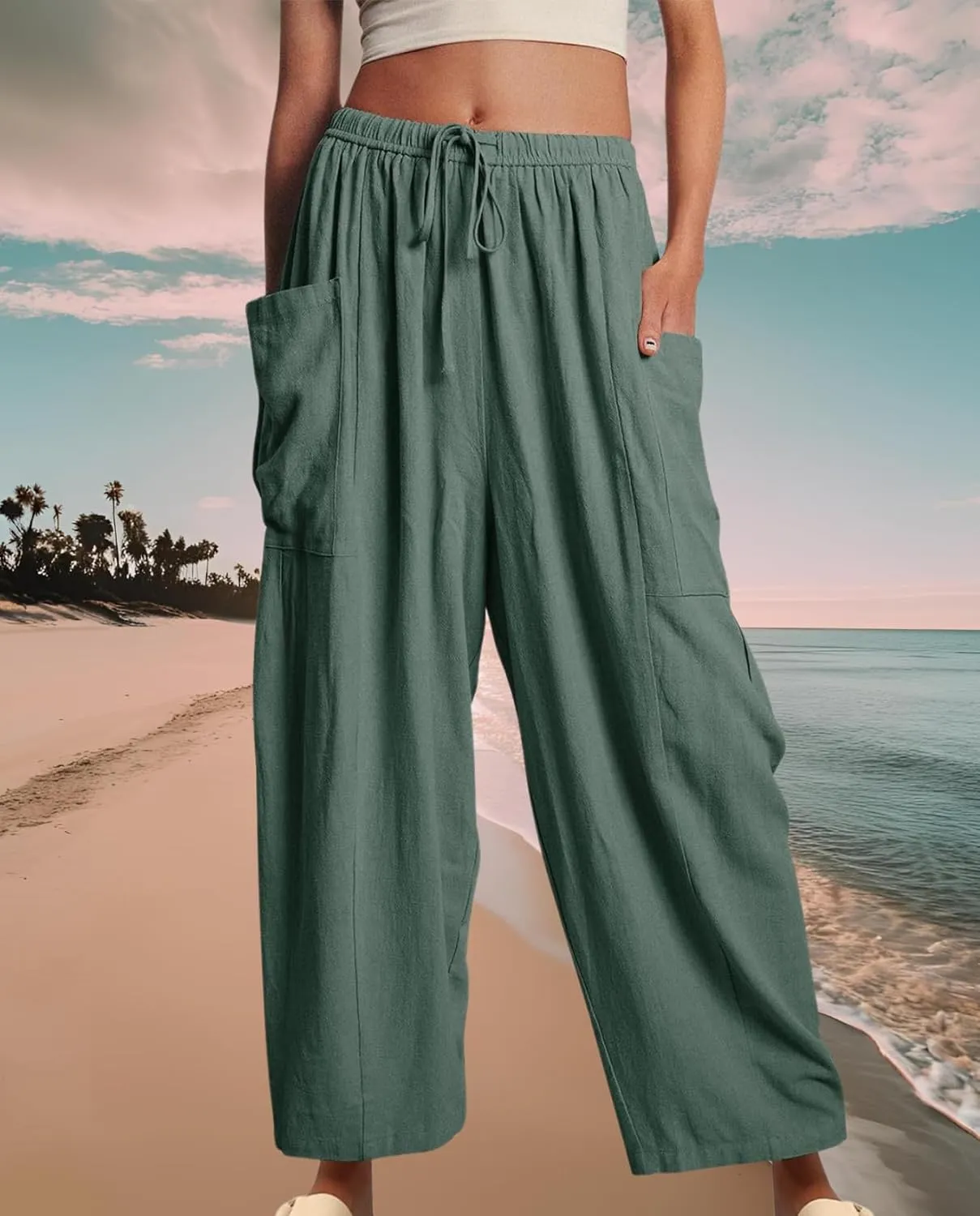 Women's Breezy Linen Palazzo Pants-Elastic Drawstring High Waist Wide Leg Beach Trousers with Pockets