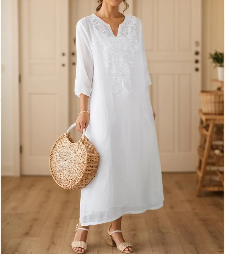 Womens Cotton Linen Maxi Dresses Ethnic Embroidered V Neck Boho Dress Spring Summer Beach Casual Flowy Long Dress S-XL
