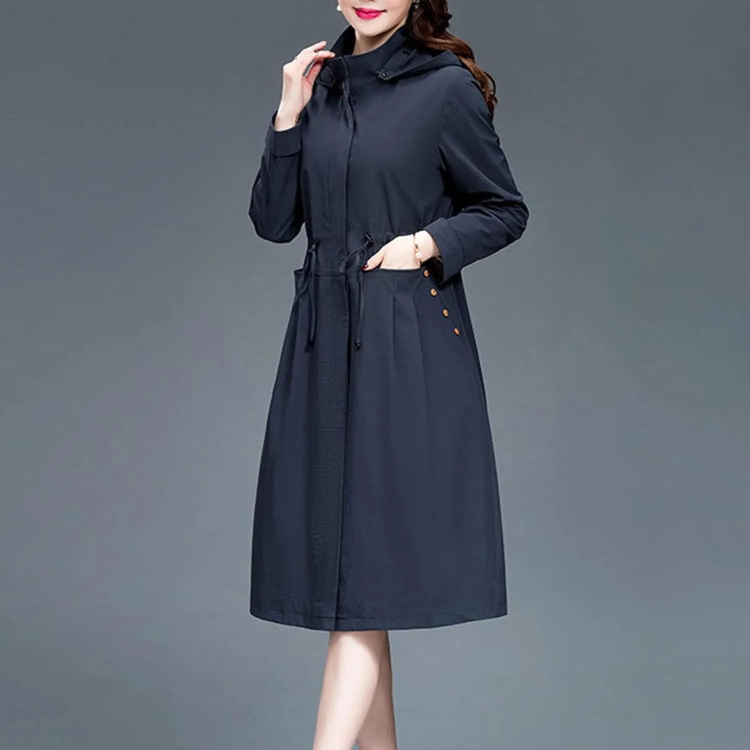 Women's Long Hooded Trench Coat Single Breasted Windproof Overcoat Spring Fall Fashion Windbreaker Long Jacket