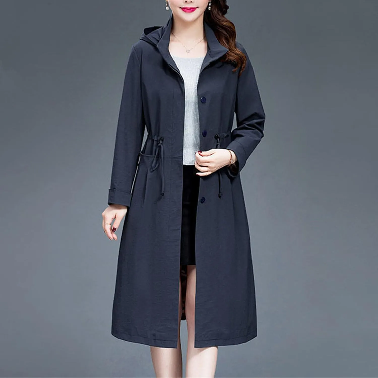 Women's Long Hooded Trench Coat Single Breasted Windproof Overcoat Spring Fall Fashion Windbreaker Long Jacket