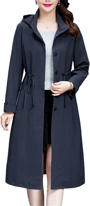 Women's Long Hooded Trench Coat Single Breasted Windproof Overcoat Spring Fall Fashion Windbreaker Long Jacket