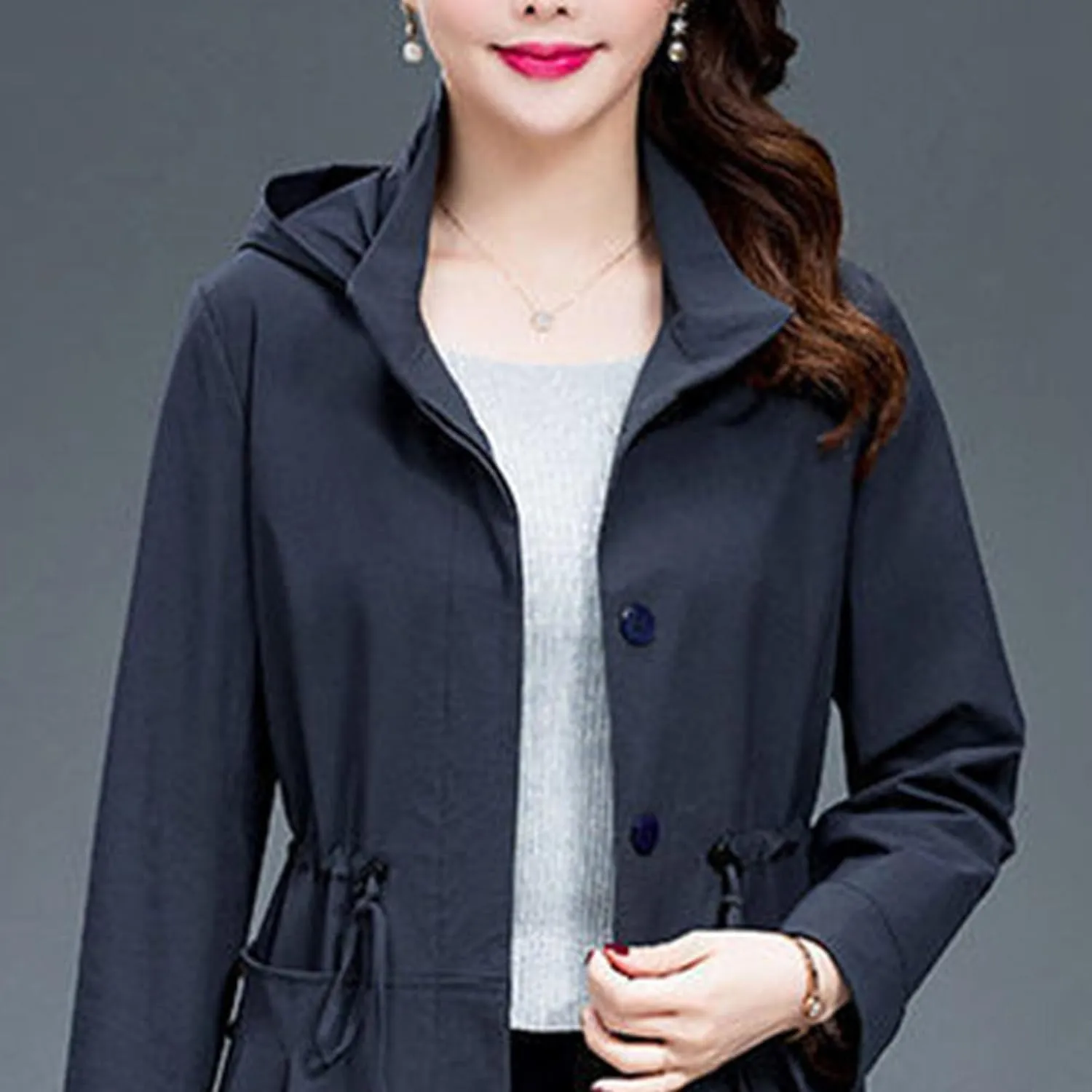 Women's Long Hooded Trench Coat Single Breasted Windproof Overcoat Spring Fall Fashion Windbreaker Long Jacket