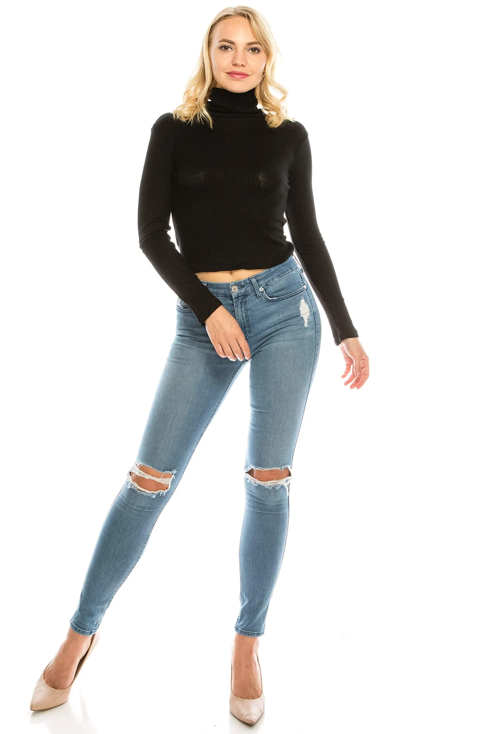 Women's Long Sleeve Thin Ribbed Turtleneck Soft Sweater Crop Top