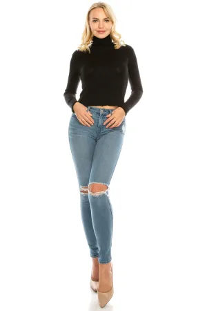Women's Long Sleeve Thin Ribbed Turtleneck Soft Sweater Crop Top